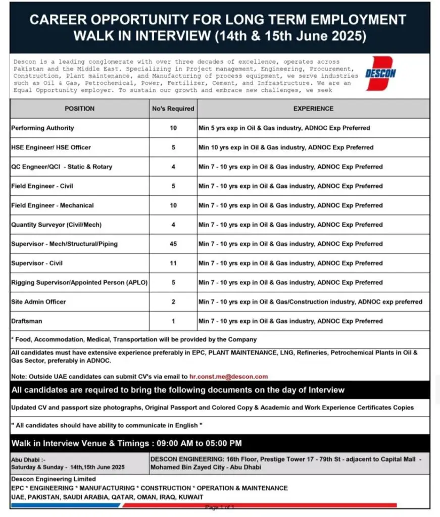 Descon Engineering Walk in Interview in Abu Dhabi 2025: Dates, Venues, and Key Details 1 1000312410