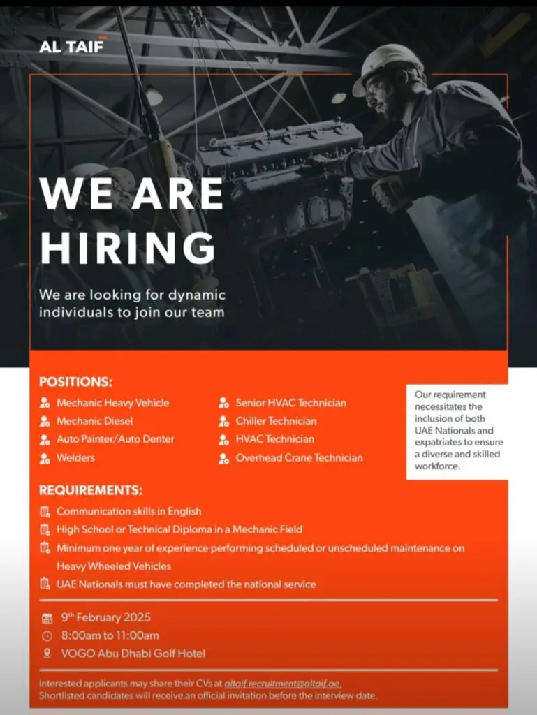 AL TAIF Walk in Interview in Abu Dhabi 2025: Dates, Venues, and Key Details 1 AL TAIF Walk in Interview in Abu Dhabi 2025: Dates, Venues, and Key Details