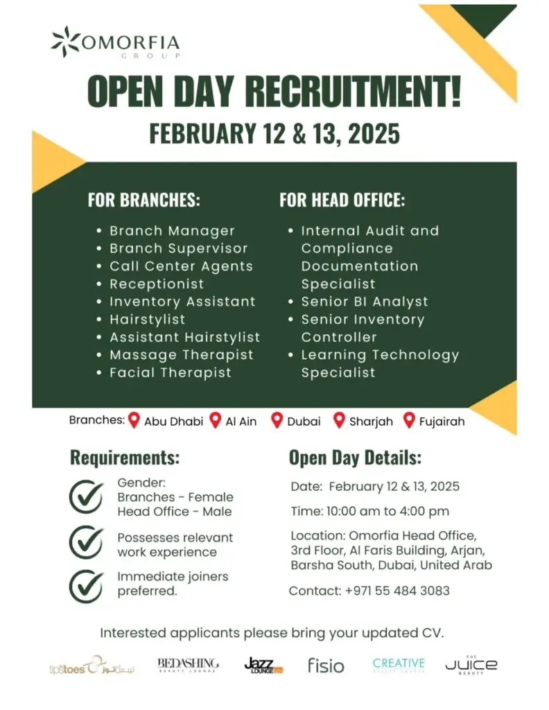 Omorfia Group Careers Walk in Interview in Dubai 2025: Dates, Venues, and Key Details 1 Omorfia Group Careers Walk in Interview in Dubai 2025: Dates, Venues, and Key Details