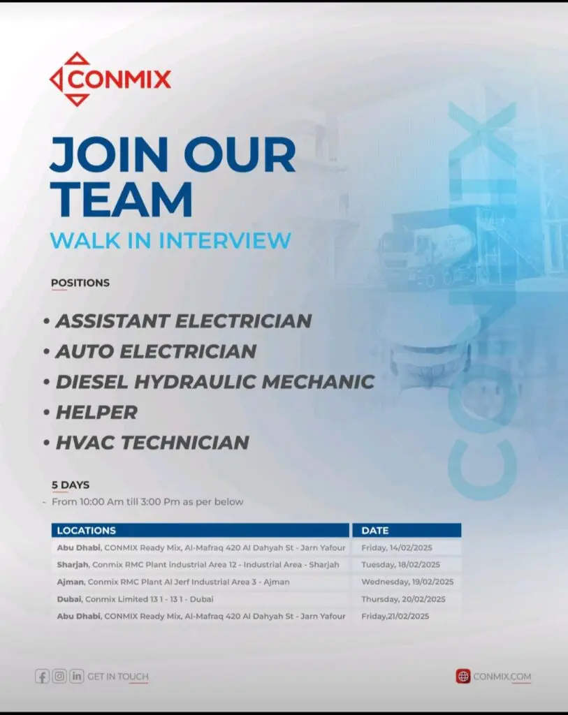 Conmix Careers Walk in Interview in Dubai-Abu Dhabi 2025: Dates, Venues, and Key Details 3 Conmix Careers Walk in Interview in Dubai-Abu Dhabi 2025: Dates, Venues, and Key Details