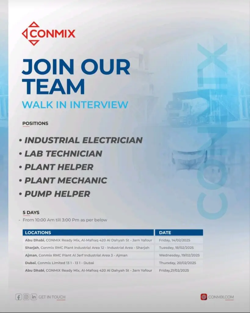 Conmix Careers Walk in Interview in Dubai-Abu Dhabi 2025: Dates, Venues, and Key Details 2 Conmix Careers Walk in Interview in Dubai-Abu Dhabi 2025: Dates, Venues, and Key Details