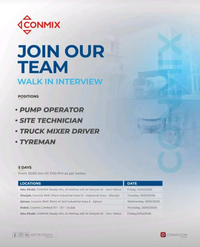 Conmix Careers Walk in Interview in Dubai-Abu Dhabi 2025: Dates, Venues, and Key Details 1 Conmix Careers Walk in Interview in Dubai-Abu Dhabi 2025: Dates, Venues, and Key Details