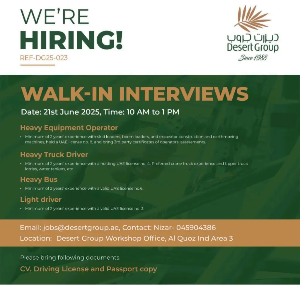 Desert Group Walk in Interview in Dubai 2025: Dates, Venues, and Key Details 1 Desert Group Walk in Interview in Dubai 2025: Dates, Venues, and Key Details