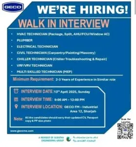 GECO Careers Announced Walk in Interview in Sharjah 2025: Dates, Venues, and Key Details