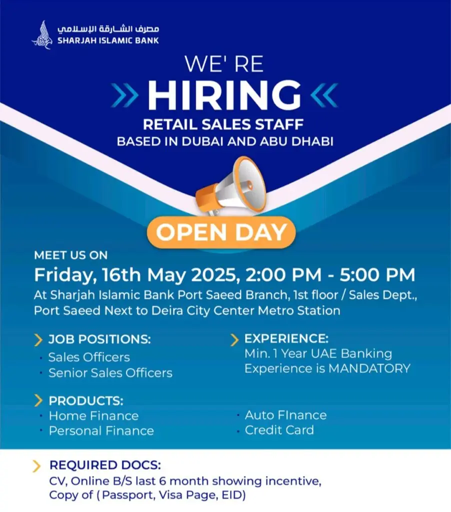 Sharjah Islamic Bank Open Day Recruitment in Dubai 2025: Dates, Venues, and Key Details 1 Sharjah Islamic Bank Open Day Recruitment in Dubai 2025