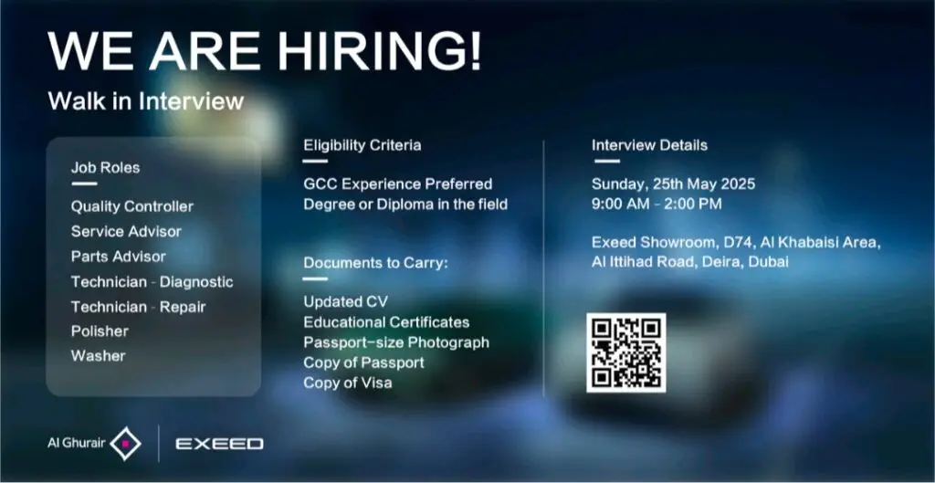 Career Openings at AL GHURAIR MOTORS EXEED 2025: Dates, Venues, and Key Details 1 Career Openings at AL GHURAIR MOTORS EXEED 2025: Dates, Venues, and Key Details
