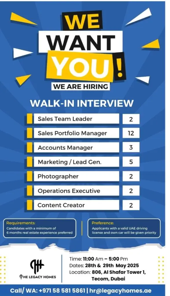 The Legacy Homes Walk in Interview in Dubai 2025: Dates, Venues, and Key Details 1 The Legacy Homes Walk in Interview in Dubai 2025: Dates, Venues, and Key Details