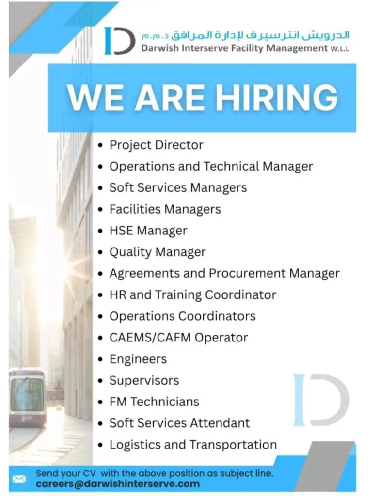 Darwish Interserve Facility Management Recruitments in Qatar 2025: Dates, Venues, and Key Details 1 Darwish Interserve Facility Management Recruitments in Qatar 2025: Dates, Venues, and Key Details