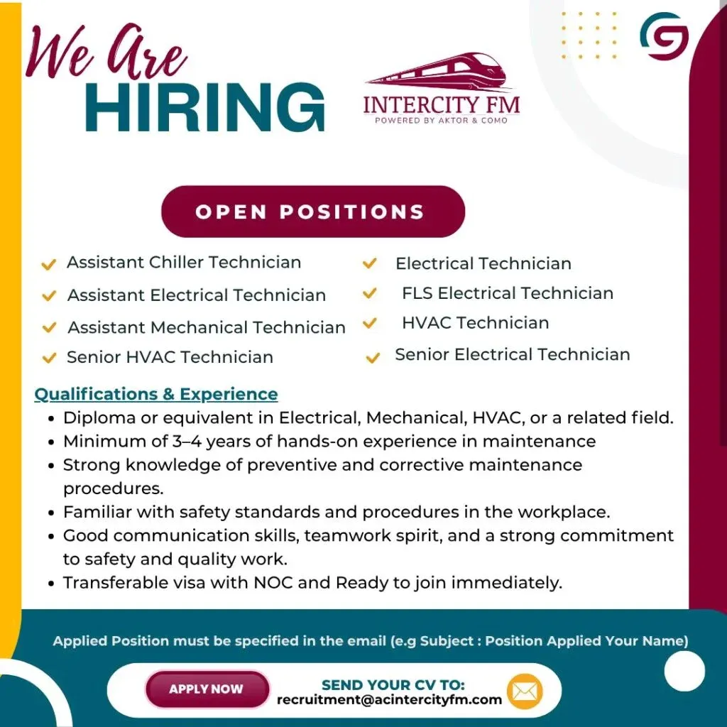  Qatar jobs 2025, technician vacancies Qatar, immediate join jobs Qatar, Intercity FM careers, electrical technician jobs, HVAC technician jobs, mechanical technician jobs, facilities management jobs Qatar, Qatar hiring now, transferable visa with NOC jobs.