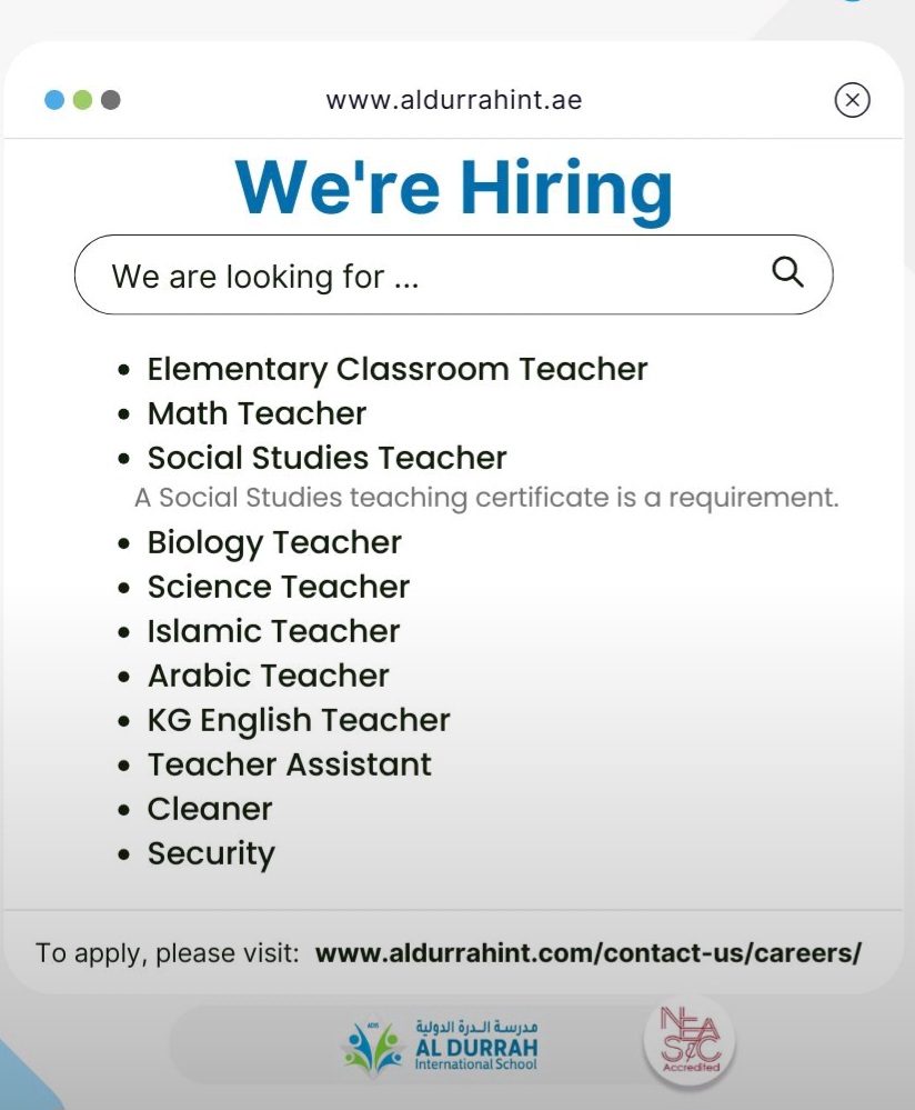 Al Durrah International School Sharjah Recruitment 2025: Dates, Venues, and Key Details 1 Al Durrah International School Sharjah Recruitment 2025: Dates, Venues, and Key Details