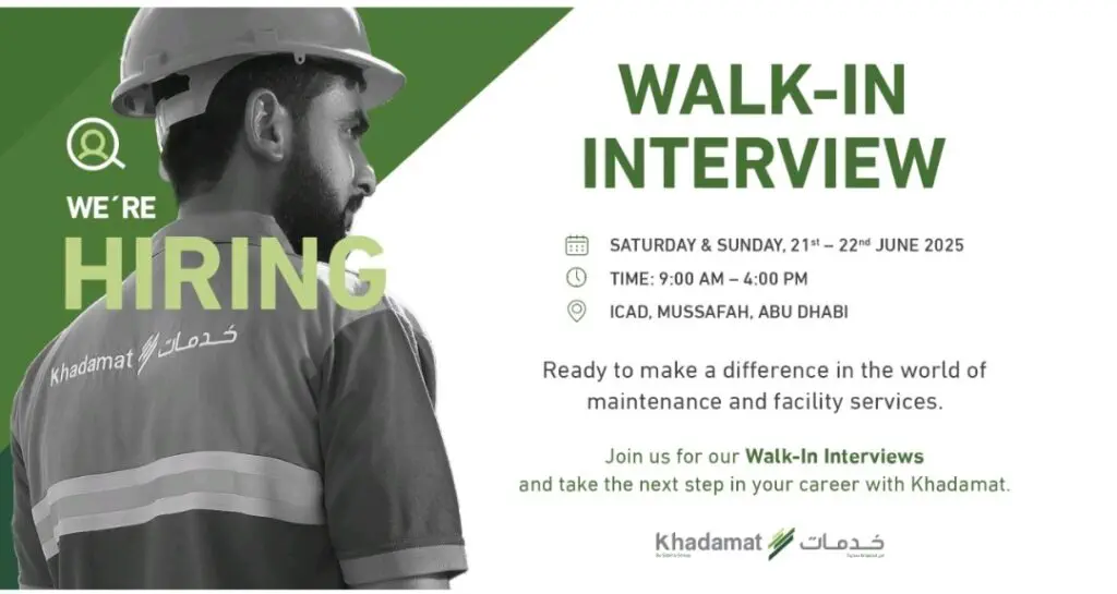 Walk-in Interview in Abu Dhabi – June 2025 at Khadamat Facilities Management 1 Walk-in Interview in Abu Dhabi – June 2025 at Khadamat Facilities Management