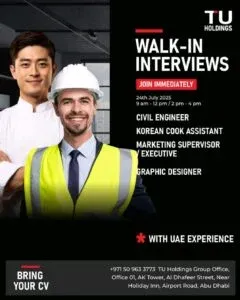Urgent Hiring in Abu Dhabi – Walk-In Interviews by TU Holdings (July 2025) 1 Urgent Hiring in Abu Dhabi – Walk-In Interviews by TU Holdings (July 2025)