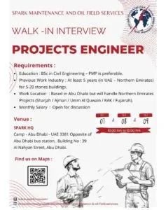 SPARK Maintenance and Oil Field Services: Walk-In Interview for Projects Engineer in Abu Dhabi 2025