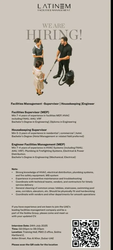 Unlock Your Career in Dubai's Facilities Management: Latinem (Sobha Group) is Hiring Supervisors & Engineers 2025 1 Unlock Your Career in Dubai's Facilities Management: Latinem (Sobha Group) is Hiring Supervisors & Engineers!