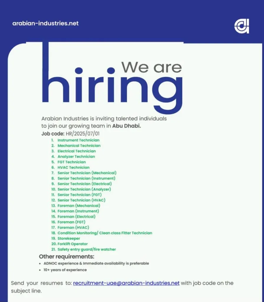 Career with Arabian Industries Abu Dhabi: Multiple Vacancies for Experienced Professionals 2025 1 Career with Arabian Industries Abu Dhabi: Multiple Vacancies for Experienced Professionals 2025