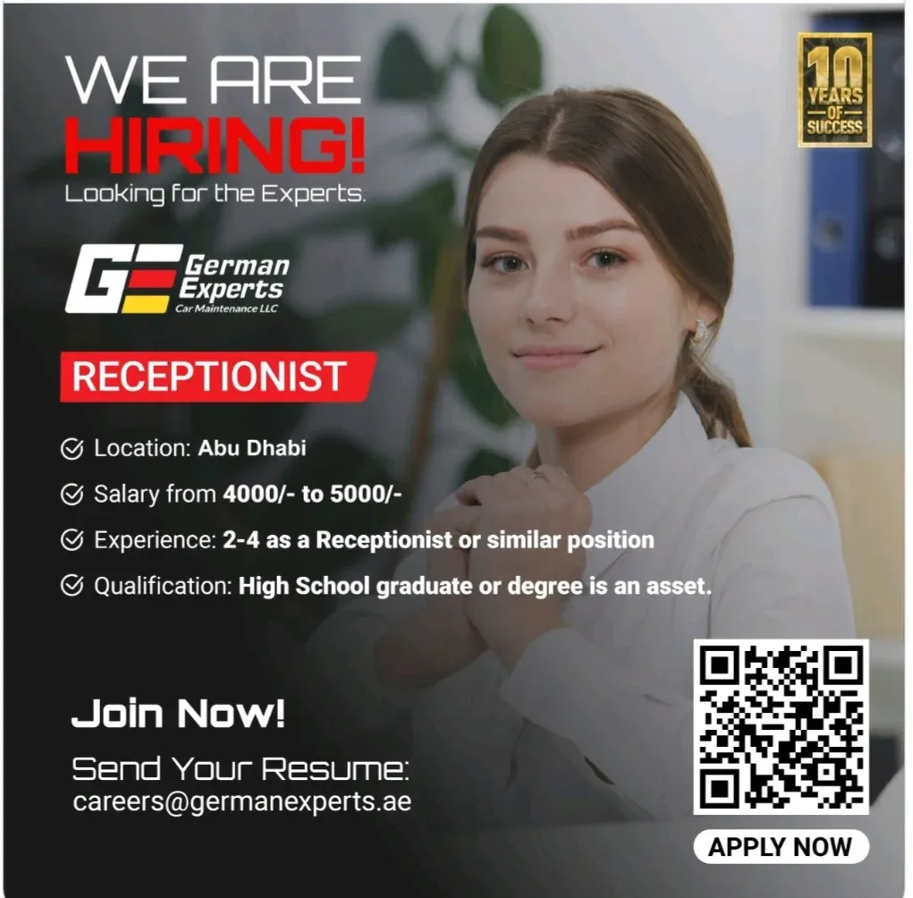 Exciting Receptionist Opportunity in Abu Dhabi with German Experts 2025 1 Join the Team: Exciting Female Receptionist Opportunity in Abu Dhabi with German Experts 2025