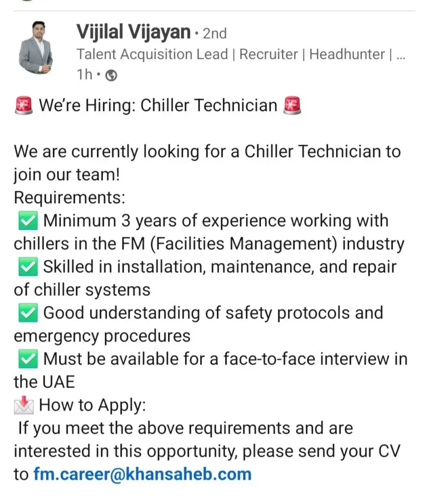 Land a Rewarding Career: Chiller Technician Job Opening at Khansaheb (UAE) 1 Land a Rewarding Career: Chiller Technician Job Opening at Khansaheb (UAE)