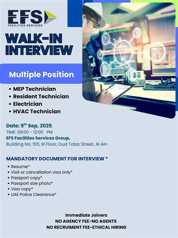 EFS Facilities Services Walk-In Interview: Your Chance to Land a Technician Job in Al Ain