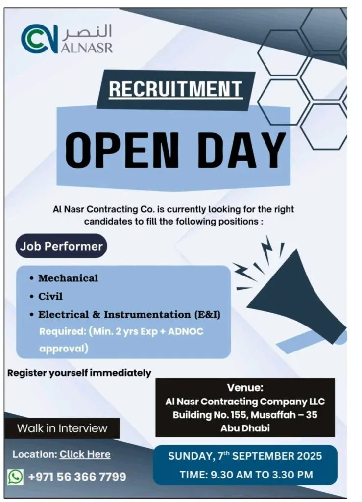 Explore Your Career Path: Al Nasr Contracting Open Day on September 7th, 2025 1 Explore Your Career Path: Al Nasr Contracting Open Day on September 7th, 2025
