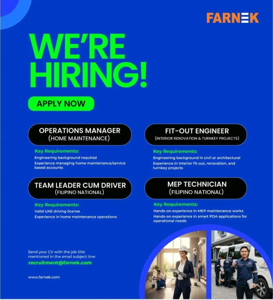 Farnek Services LLC,Farnek careers, UAE jobs 2024, facilities management jobs, operations manager vacancy, fit out engineer UAE, MEP technician jobs, driver jobs in UAE, home maintenance jobs, career opportunities UAE, Farnek hiring, UAE employment, professional jobs Dubai, engineering careers UAE, Filipino jobs in UAE