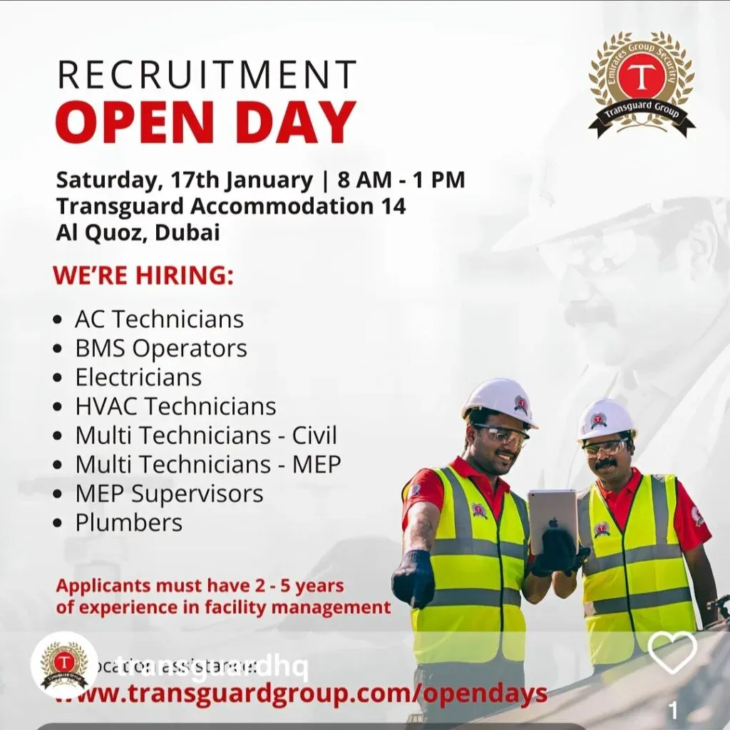 Unlock Your Career in Facility Management: Transguard Open Day in Dubai 2026 1 Transguard,Transguard Open Day Dubai, facility management jobs Dubai, HVAC technician jobs Dubai, MEP supervisor vacancy, electrician jobs in Dubai, walk in interview Dubai January, Transguard careers, BMS operator jobs, technical jobs UAE, Al Quoz recruitment event