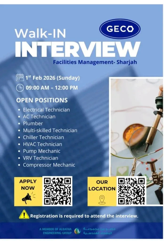 GECO M&E Ltd Announces Walk-In Interviews for Facilities Management Technicians in Sharjah 2026 1 GECO M&E Ltd Announces Walk-In Interviews for Facilities Management Technicians in Sharjah