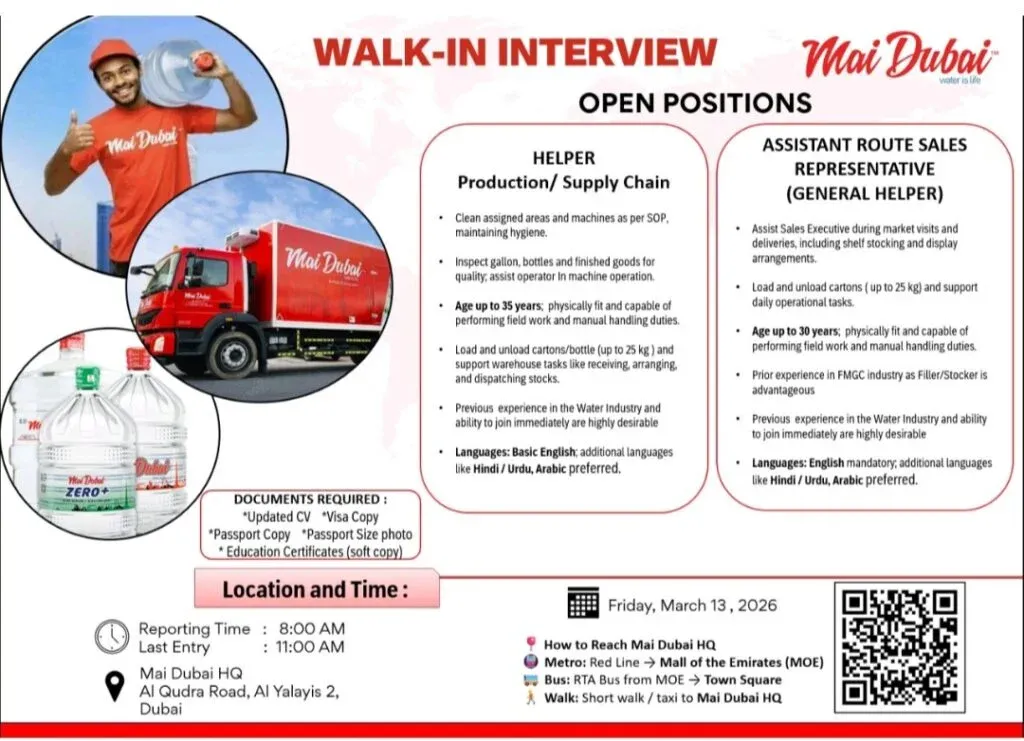 Walk-In Interview at Mai Dubai on 13th March 2026 – Helper & Assistant Route Sales Representative Jobs