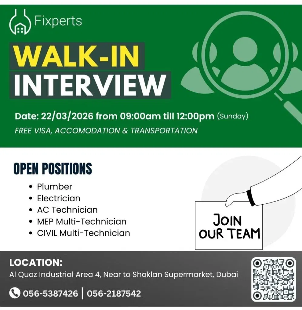 Fixperts Walk-In Interview in Dubai 2026 – Plumber, Electrician, Multi Technician & More Jobs 1 Fixperts Walk-In Interview in Dubai 2026 – Plumber, Electrician, Multi Technician & More Jobs