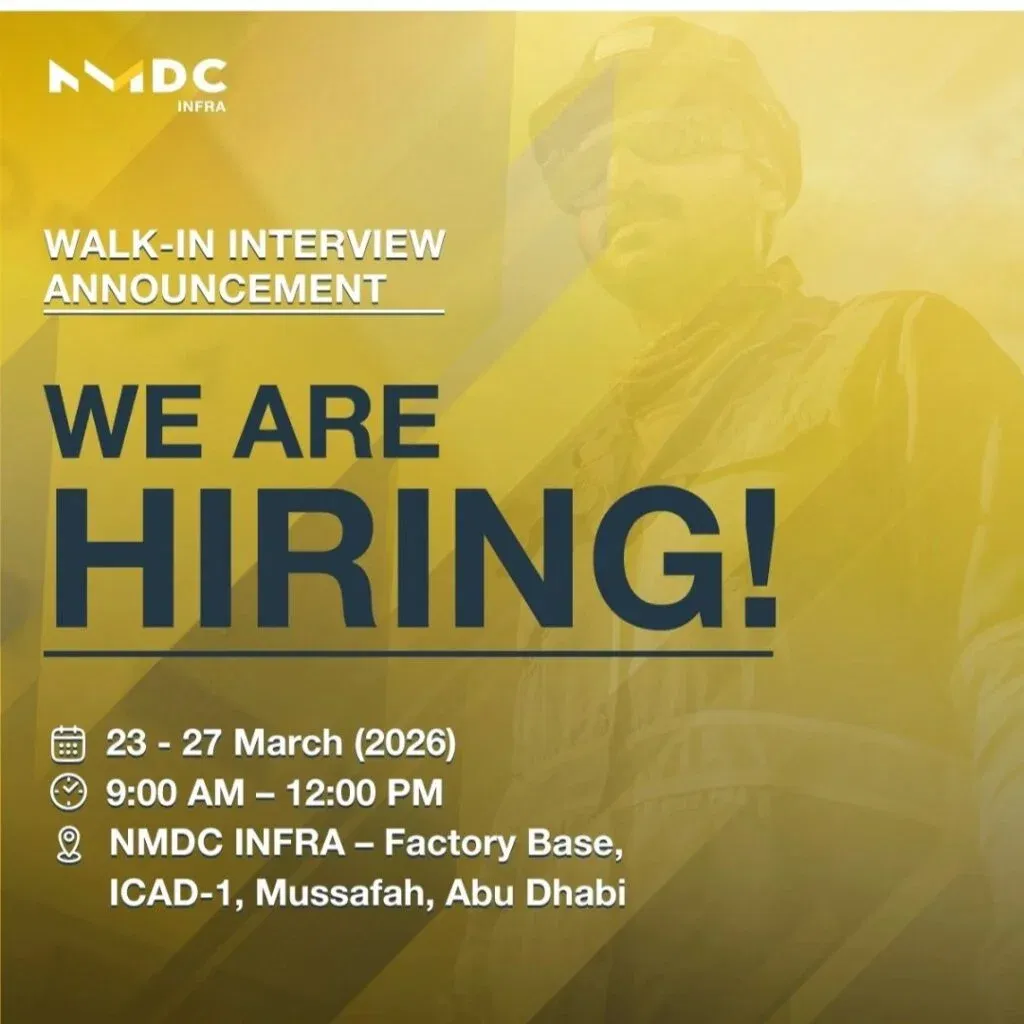 NMDC INFRA Mega Walk-in Interview 2026: Immediate Hiring in Abu Dhabi 1 NMDC INFRA Mega Walk-in Interview 2026: Immediate Hiring in Abu Dhabi