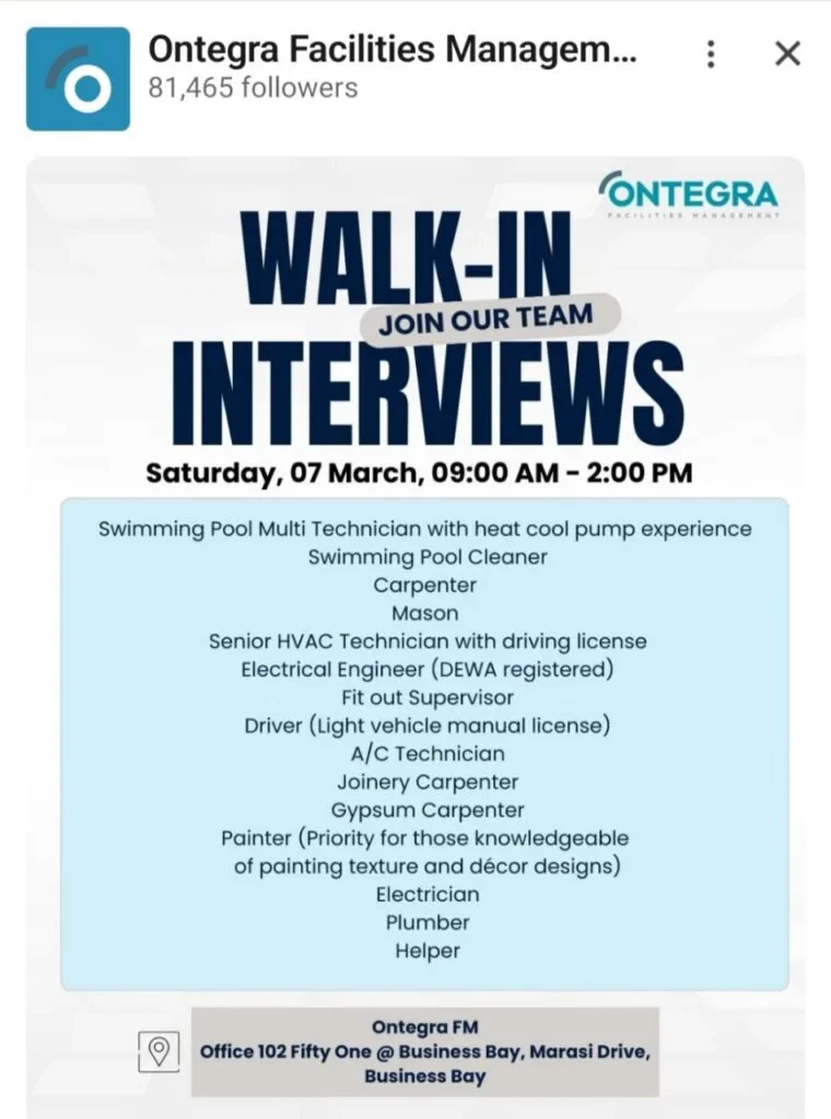 Walk-in Interview in Business Bay: Ontegra FM Hiring Multiple Technicians & Skilled Workers on 7th March 1 Ontegra FM Hiring
