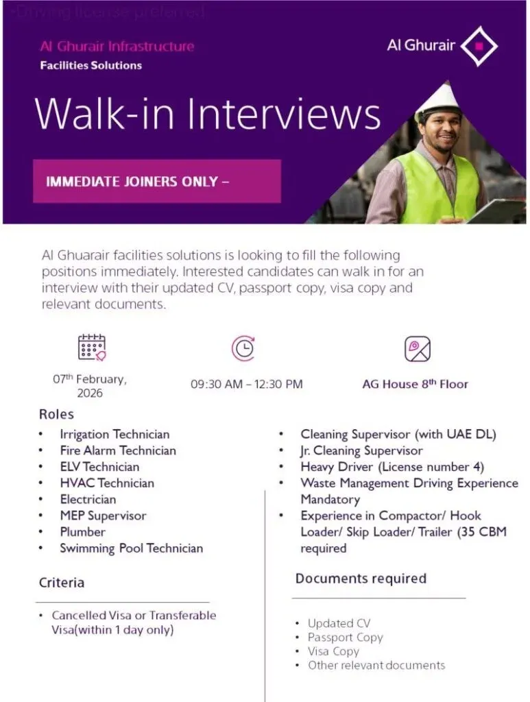 Al Ghurair Infrastructure Facilities Solutions Announces Walk-in Interviews for Immediate Joiners 2026 1 Al Ghurair Infrastructure Facilities Solutions