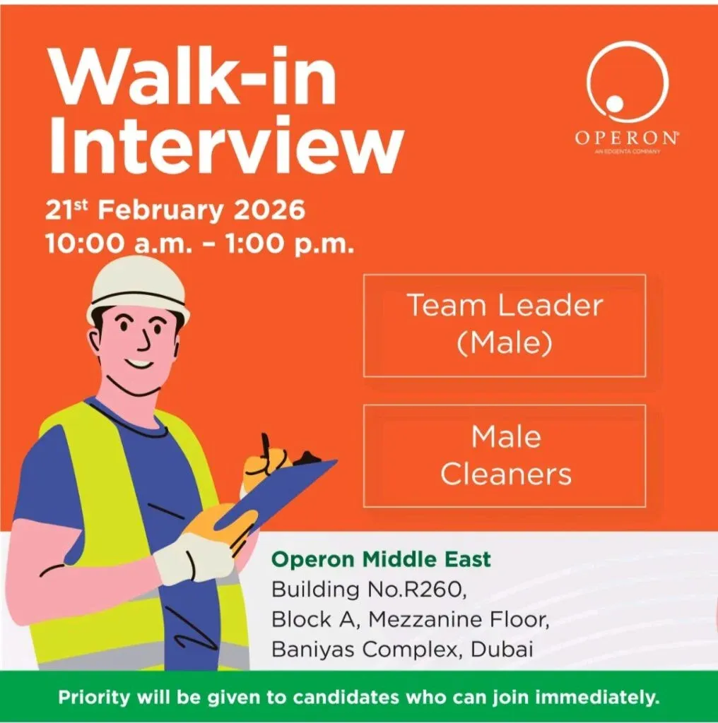 Walk-in Interview in Dubai: Operon Middle East Hiring Male Cleaners & Team Leaders 2026 1 Operon Middle East