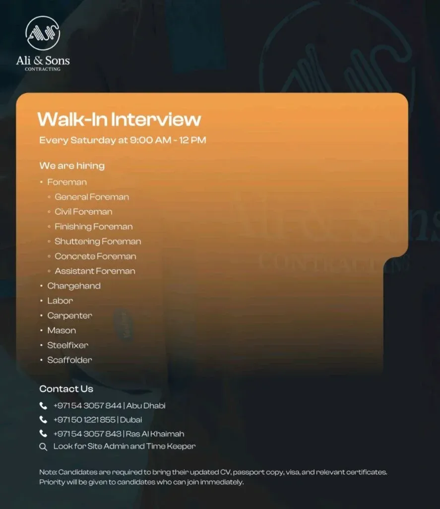 Ali & Sons Contracting Company Walk-In Interview Every Saturday in Abu Dhabi, Dubai & Ras Al Khaimah 2026 1 Ali & Sons Contracting Company