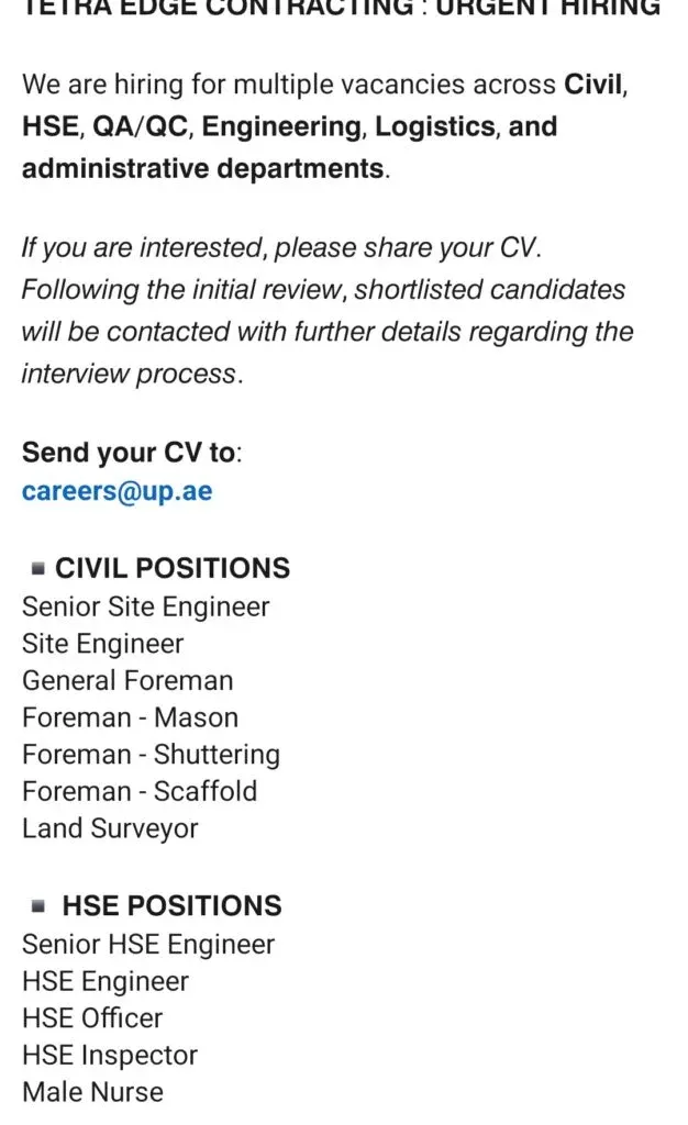 Tetra Edge Contracting: Urgent Hiring for Civil, HSE, QA/QC, and Admin Jobs in UAE 2026 1 Tetra Edge Contracting