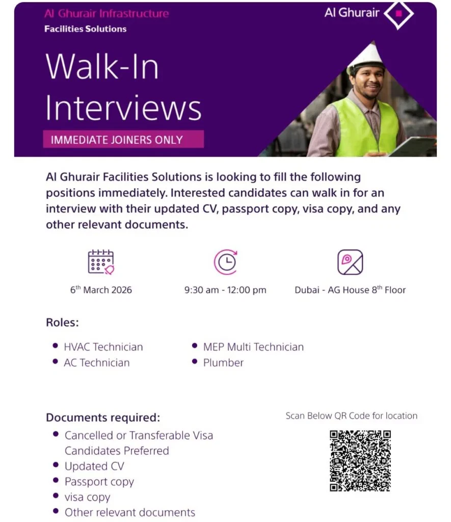 Walk-in Interviews at Al Ghurair Infrastructure Facilities Solutions – HVAC, AC Technician & MEP Jobs in Dubai