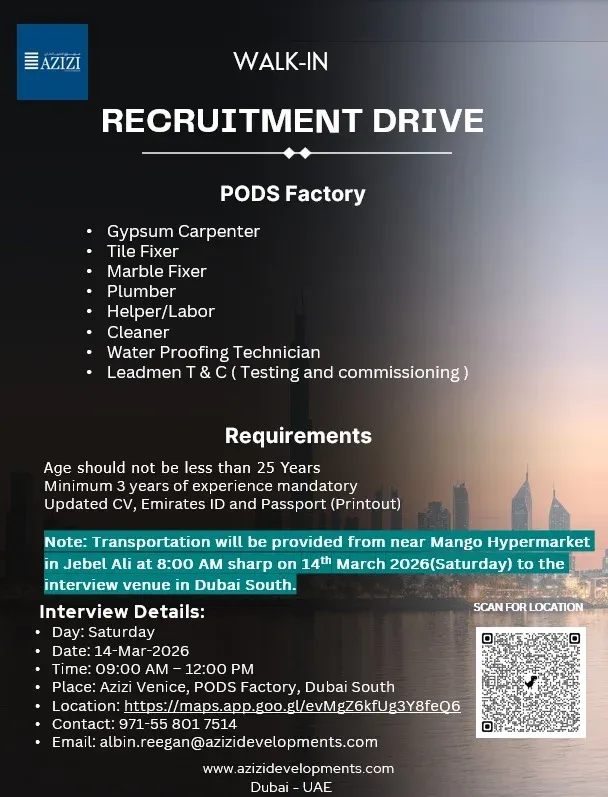 Azizi Developments PODS Factory Recruitment Drive 2026