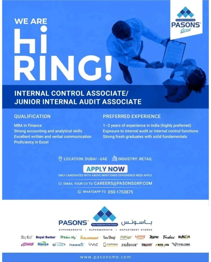 Pasons Group Hiring: Internal Controls Associate / Junior Internal Audit Associate in Dubai – CMA US Mandatory 2026 1 Pasons Group