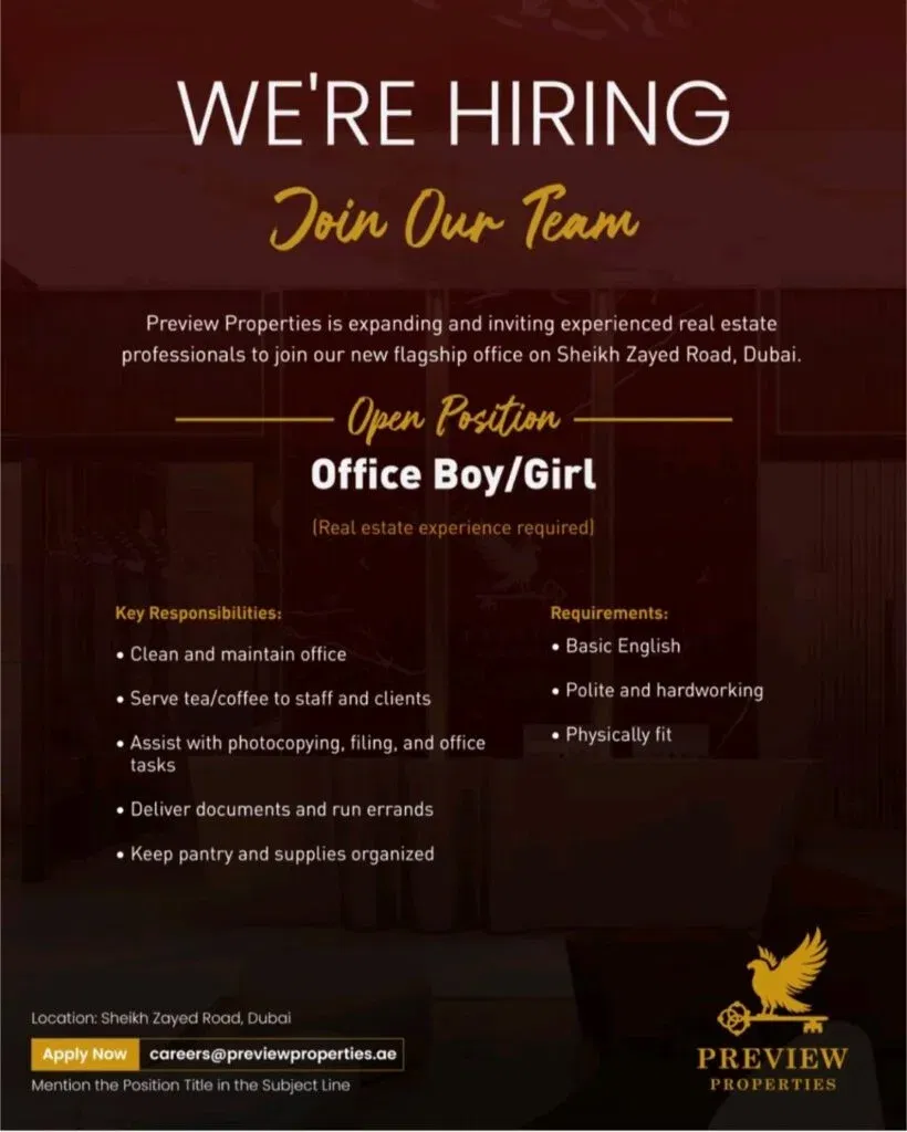Office Boy/Girl Required – Real Estate Experience Preferred | Preview Properties Dubai