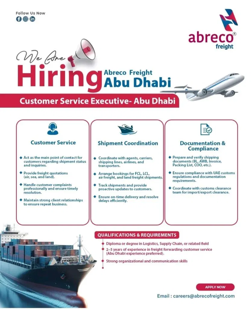 Abreco Freight is Hiring: Customer Service Executive in Abu Dhabi 2026 1 Abreco Freight