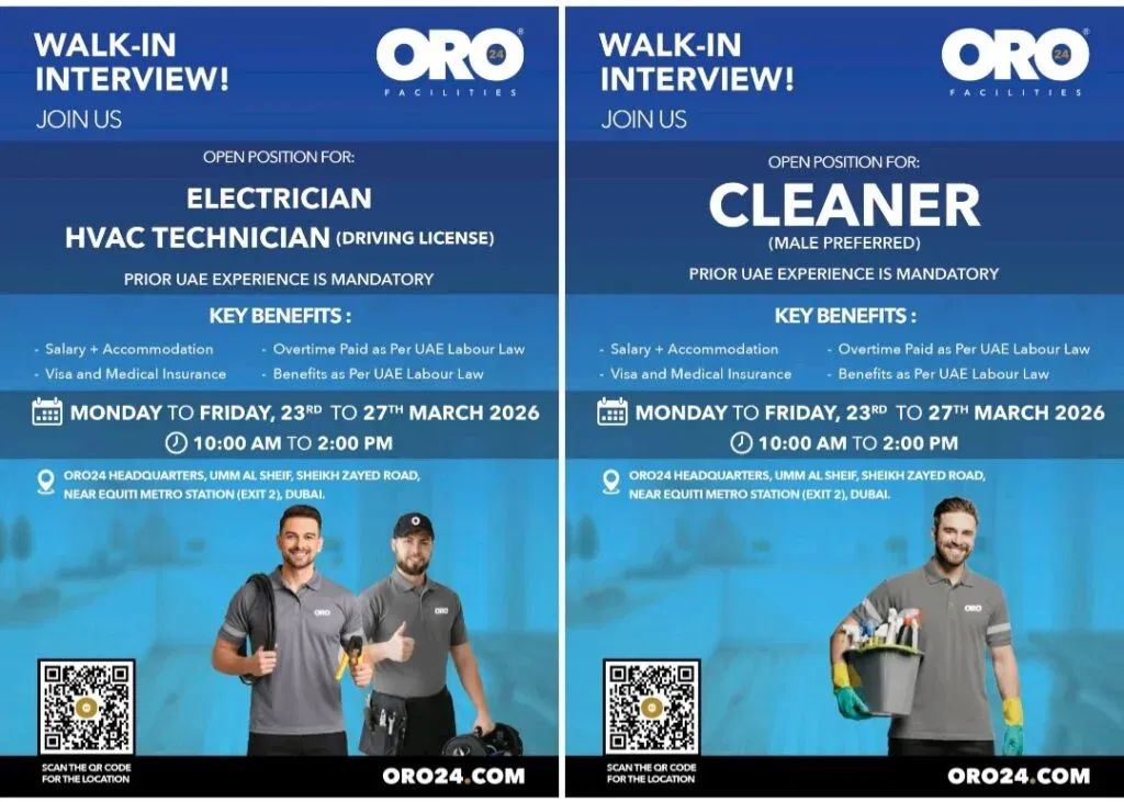 ORO24 Walk-in Interview in Dubai (March 23-27, 2026): Hiring Cleaners, Electricians & HVAC Technicians 1 ORO24