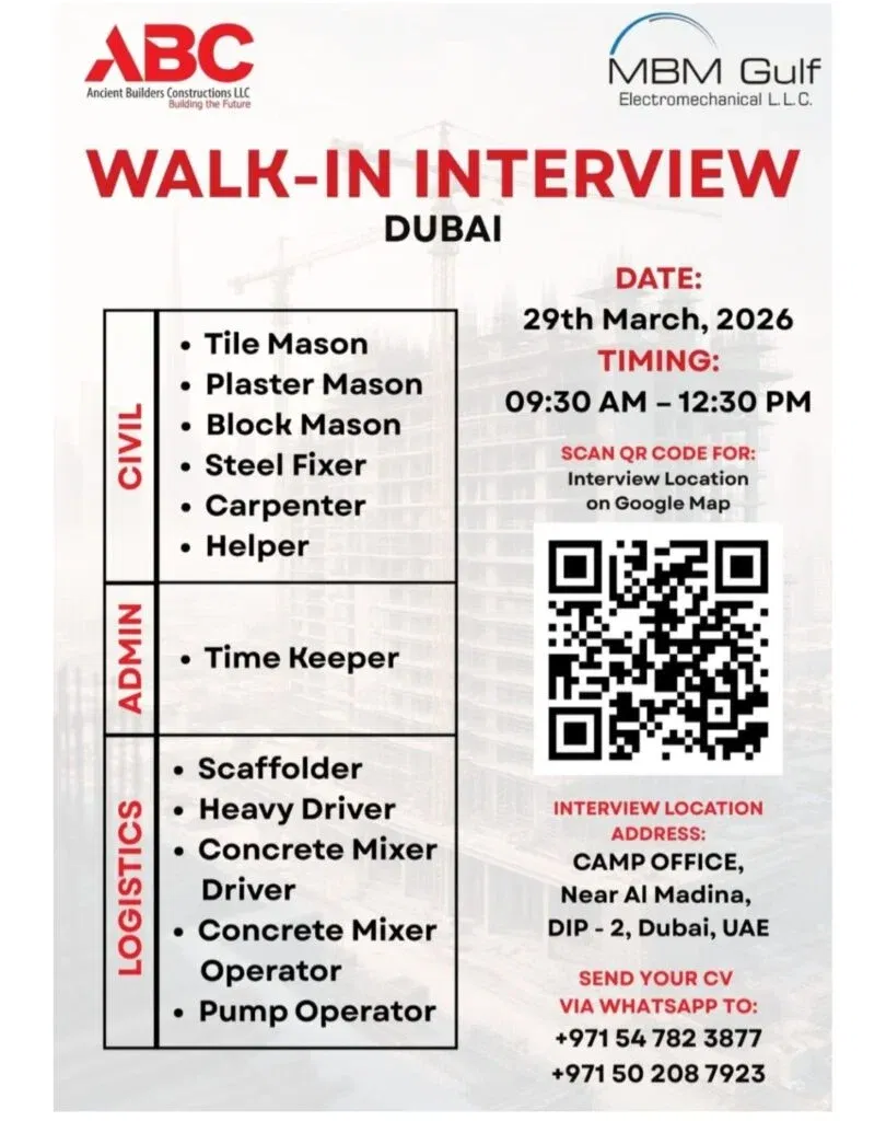 Ancient Builders Constructions LLC (ABC) – Walk-in Interview in Dubai for Civil & Logistics Jobs 1 Ancient Builders Constructions LLC (ABC)