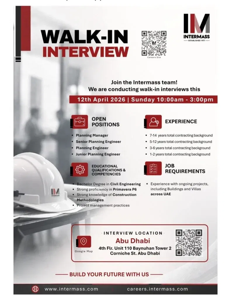 Intermass Walk-in Interview 2026: Planning Engineer Jobs in Abu Dhabi 1 Intermass