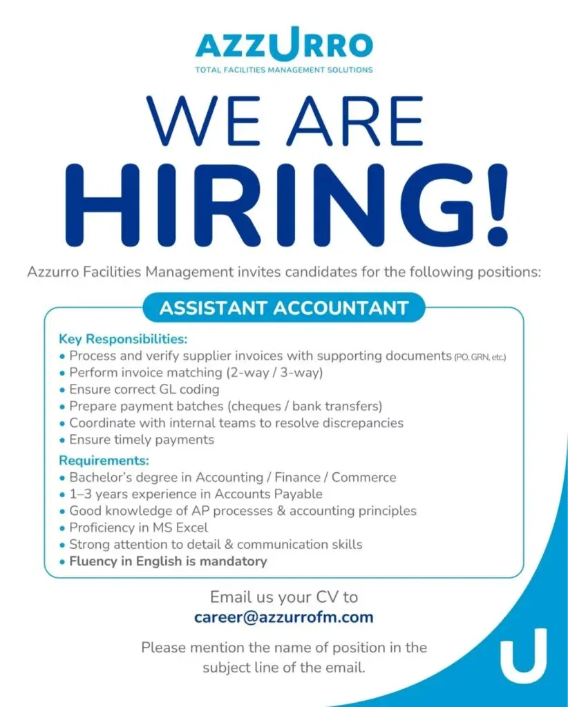 We Are Hiring! Assistant Accountant Job at Azzurro Facilities Management 2026 1 Azzurro Facilities Management